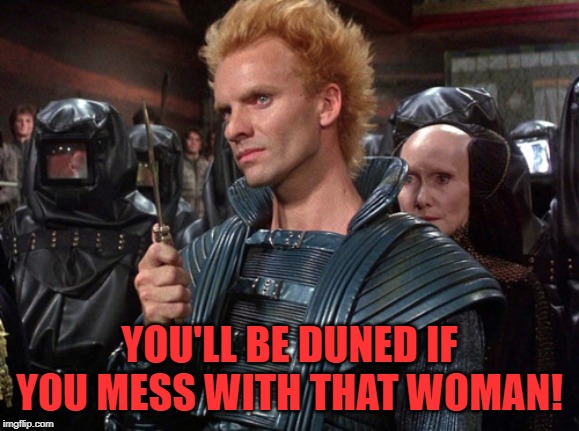 Sting from Dune "I will kill you!" | YOU'LL BE DUNED IF YOU MESS WITH THAT WOMAN! | image tagged in sting from dune i will kill you | made w/ Imgflip meme maker