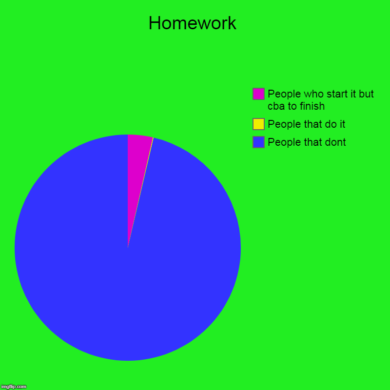 Homework | People that dont, People that do it, People who start it but cba to finish | image tagged in charts,pie charts | made w/ Imgflip chart maker