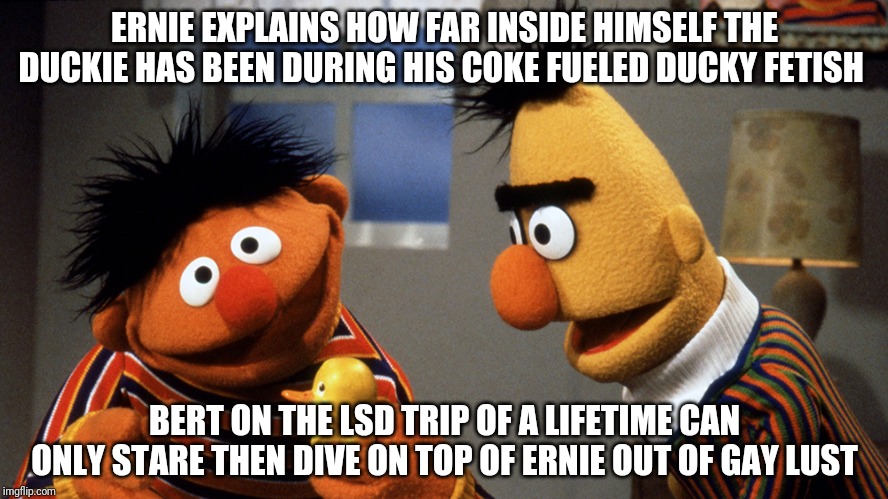 Ernie and Bert discuss Rubber Duckie | ERNIE EXPLAINS HOW FAR INSIDE HIMSELF THE DUCKIE HAS BEEN DURING HIS COKE FUELED DUCKY FETISH; BERT ON THE LSD TRIP OF A LIFETIME CAN ONLY STARE THEN DIVE ON TOP OF ERNIE OUT OF GAY LUST | image tagged in ernie and bert discuss rubber duckie | made w/ Imgflip meme maker