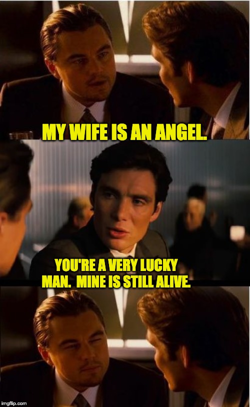 Inception Meme | MY WIFE IS AN ANGEL. YOU'RE A VERY LUCKY MAN.  MINE IS STILL ALIVE. | image tagged in memes,inception | made w/ Imgflip meme maker