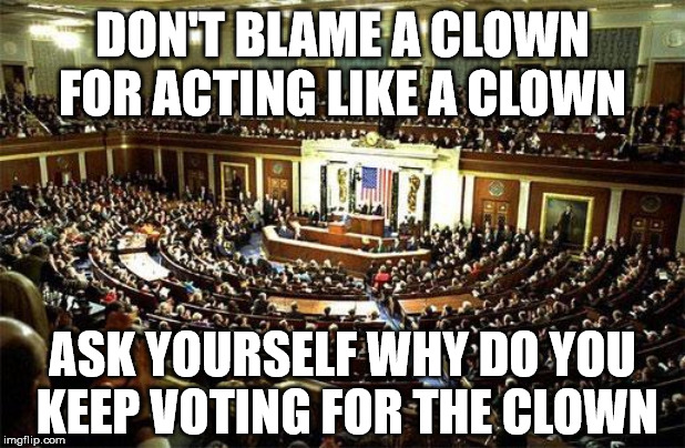 Congress | DON'T BLAME A CLOWN FOR ACTING LIKE A CLOWN; ASK YOURSELF WHY DO YOU  KEEP VOTING FOR THE CLOWN | image tagged in congress,memes,voting,2020 elections,clowns,one does not simply | made w/ Imgflip meme maker