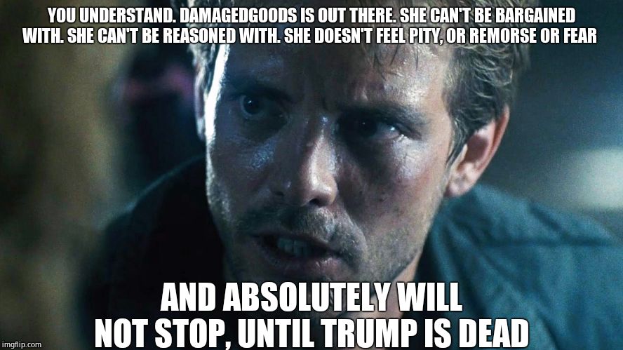 kyle reese terminator | YOU UNDERSTAND. DAMAGEDGOODS IS OUT THERE. SHE CAN'T BE BARGAINED WITH. SHE CAN'T BE REASONED WITH. SHE DOESN'T FEEL PITY, OR REMORSE OR FEA | image tagged in kyle reese terminator | made w/ Imgflip meme maker