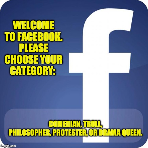 facebook | WELCOME TO FACEBOOK. PLEASE CHOOSE YOUR CATEGORY:; COMEDIAN, TROLL, PHILOSOPHER, PROTESTER, OR DRAMA QUEEN. | image tagged in facebook | made w/ Imgflip meme maker