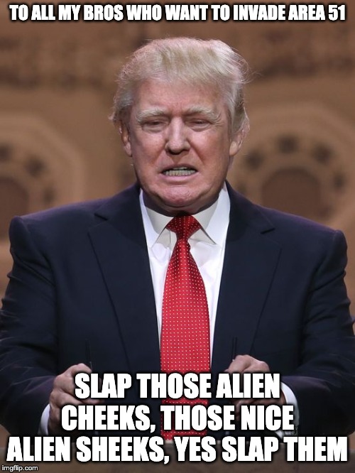 trump area 51 alien sheeks | TO ALL MY BROS WHO WANT TO INVADE AREA 51; SLAP THOSE ALIEN CHEEKS, THOSE NICE ALIEN SHEEKS, YES SLAP THEM | image tagged in donald trump,area 51,alien sheeks | made w/ Imgflip meme maker