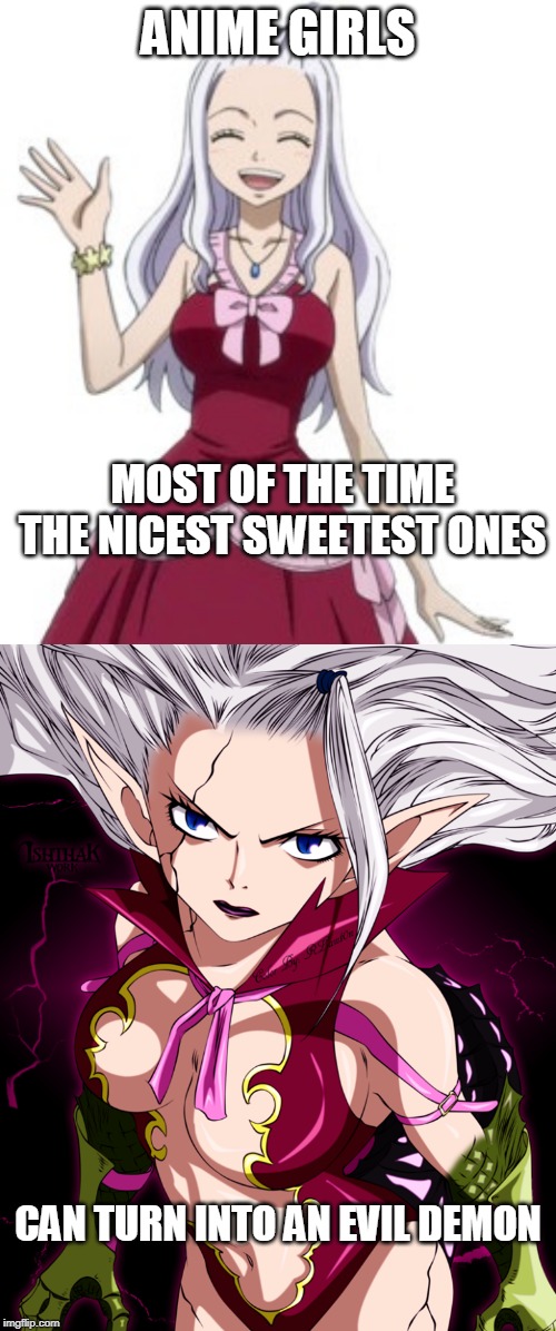SHE DEVIL | ANIME GIRLS; MOST OF THE TIME THE NICEST SWEETEST ONES; CAN TURN INTO AN EVIL DEMON | image tagged in fairy tail,anime,anime girl,pissed off anime girl | made w/ Imgflip meme maker