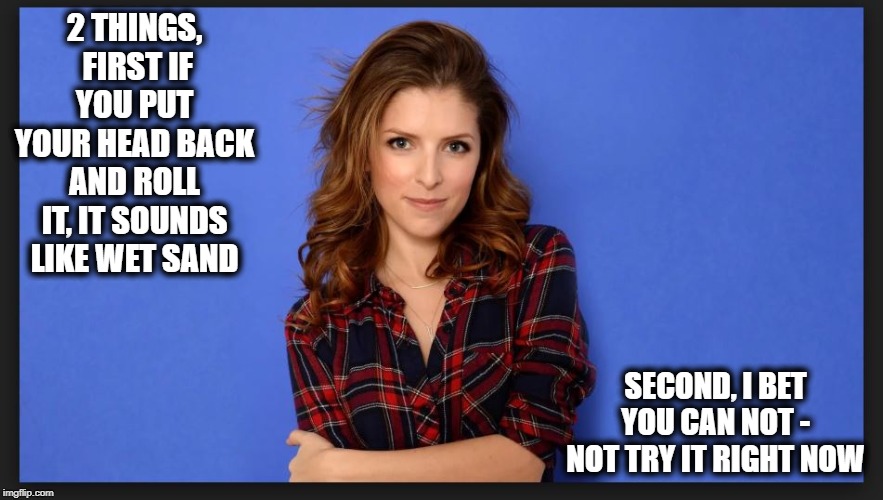 You can not resist | 2 THINGS,  FIRST IF YOU PUT YOUR HEAD BACK AND ROLL IT, IT SOUNDS LIKE WET SAND; SECOND, I BET YOU CAN NOT - NOT TRY IT RIGHT NOW | image tagged in memes,funny,anna kendrick,anatomy | made w/ Imgflip meme maker