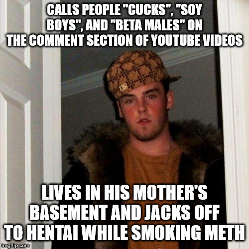 Scumbag Steve | CALLS PEOPLE "CUCKS", "SOY BOYS", AND "BETA MALES" ON THE COMMENT SECTION OF YOUTUBE VIDEOS; LIVES IN HIS MOTHER'S BASEMENT AND JACKS OFF TO HENTAI WHILE SMOKING METH | image tagged in memes,scumbag steve | made w/ Imgflip meme maker