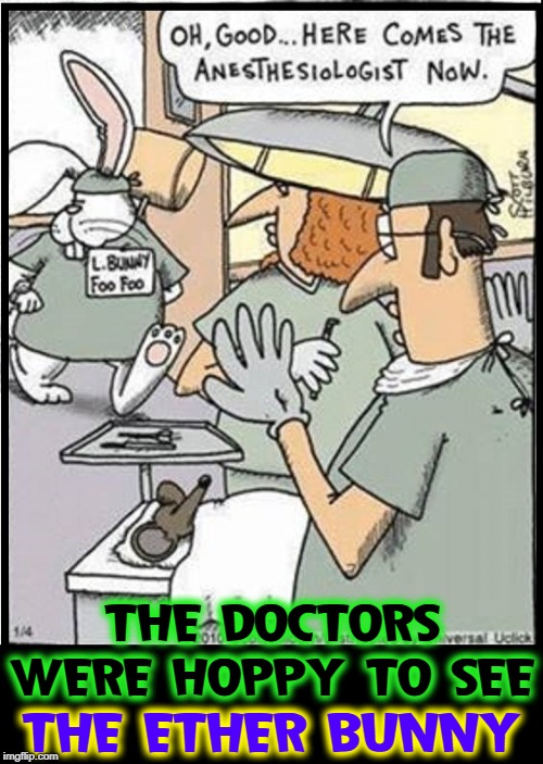 My Friend Mike Tyson told me this Joke! | THE DOCTORS WERE HOPPY TO SEE; THE ETHER BUNNY | image tagged in vince vance,anesthesiologist,operating room,easter bunny,ether,knock out drops | made w/ Imgflip meme maker