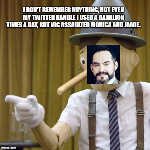 The Soye Pinocchio's Deposition | I DON'T REMEMBER ANYTHING, NOT EVEN MY TWITTER HANDLE I USED A BAJILLION TIMES A DAY, BUT VIC ASSAULTED MONICA AND JAMIE. | image tagged in potential pinnochio,ron toye,animegate,weeb wars | made w/ Imgflip meme maker