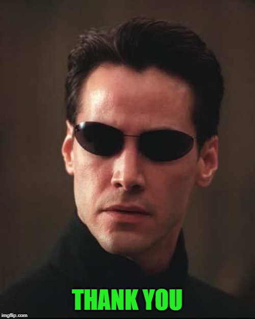 Neo Matrix Keanu Reeves | THANK YOU | image tagged in neo matrix keanu reeves | made w/ Imgflip meme maker