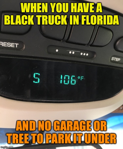 It’s a little hot out today | WHEN YOU HAVE A BLACK TRUCK IN FLORIDA; AND NO GARAGE OR TREE TO PARK IT UNDER | image tagged in hot,weather,florida,true story | made w/ Imgflip meme maker