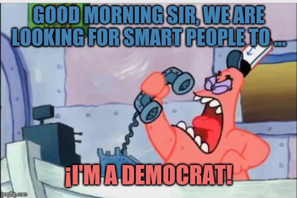NO THIS IS PATRICK | GOOD MORNING SIR, WE ARE LOOKING FOR SMART PEOPLE TO ... ¡I'M A DEMOCRAT! | image tagged in no this is patrick | made w/ Imgflip meme maker