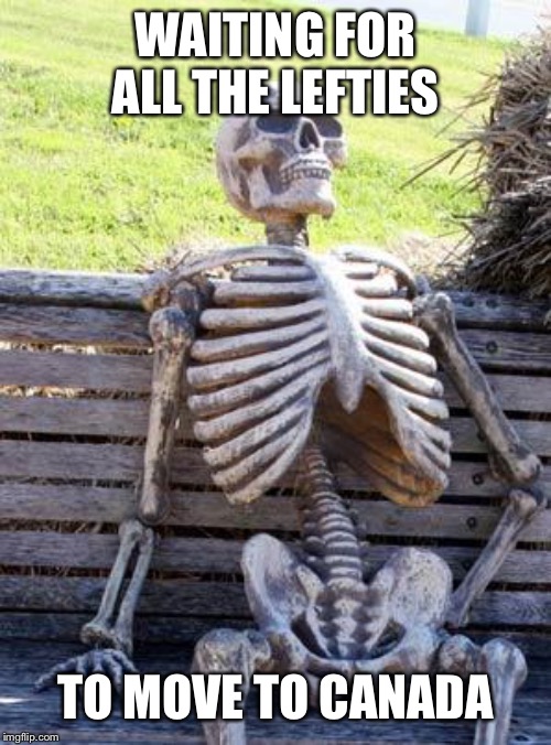 Waiting Skeleton Meme | WAITING FOR ALL THE LEFTIES TO MOVE TO CANADA | image tagged in memes,waiting skeleton | made w/ Imgflip meme maker