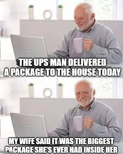 Delivery for Harold's Wife | THE UPS MAN DELIVERED A PACKAGE TO THE HOUSE TODAY; MY WIFE SAID IT WAS THE BIGGEST PACKAGE SHE'S EVER HAD INSIDE HER | image tagged in memes,hide the pain harold | made w/ Imgflip meme maker
