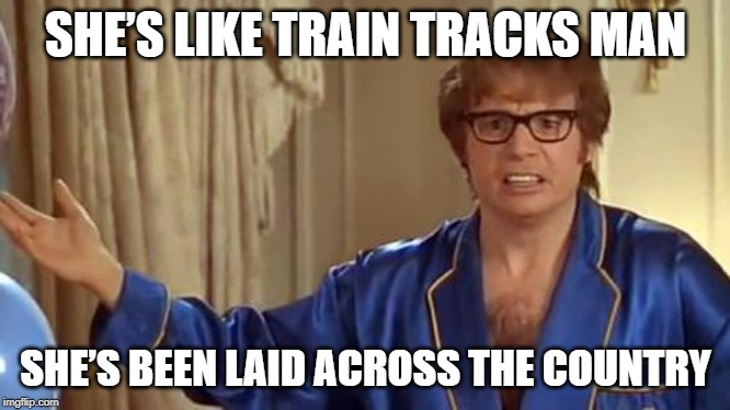 Choo Choo | SHE’S LIKE TRAIN TRACKS MAN; SHE’S BEEN LAID ACROSS THE COUNTRY | image tagged in memes,austin powers honestly | made w/ Imgflip meme maker