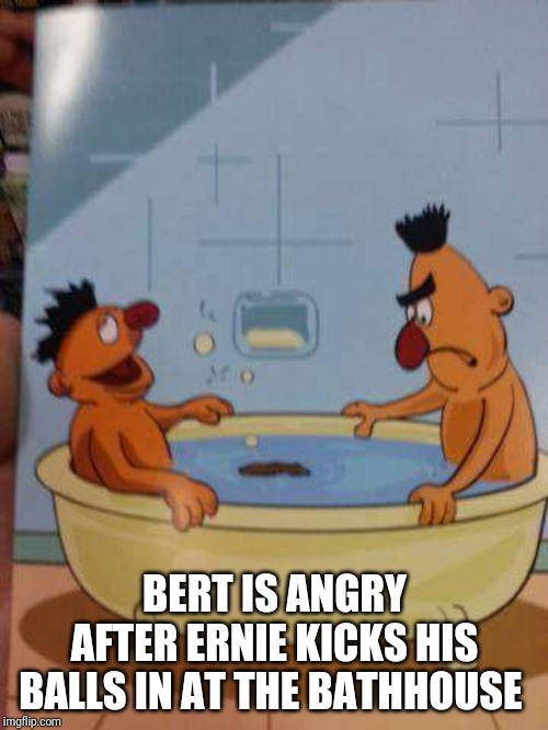 bert n ernie | BERT IS ANGRY AFTER ERNIE KICKS HIS BALLS IN AT THE BATHHOUSE | image tagged in bert n ernie | made w/ Imgflip meme maker