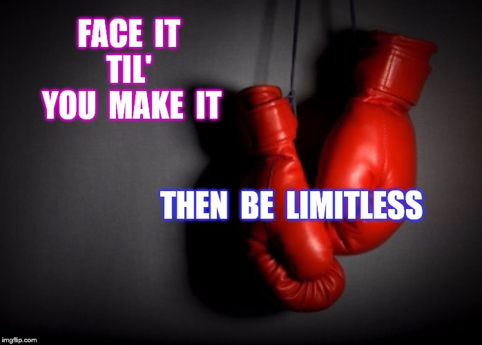 boxing gloves | FACE  IT 
 TIL'  
YOU  MAKE  IT; THEN  BE  LIMITLESS | image tagged in boxing gloves | made w/ Imgflip meme maker