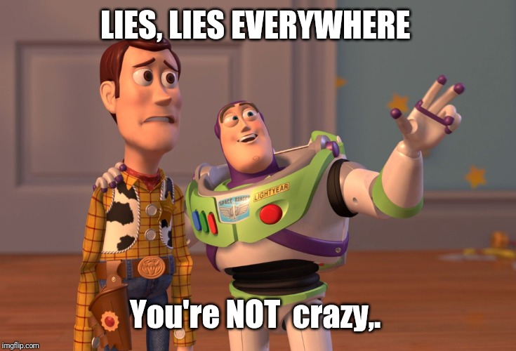 Political gaslighting...theyll try to make you think you're crazy. | LIES, LIES EVERYWHERE; You're NOT  crazy,. | image tagged in memes,x x everywhere | made w/ Imgflip meme maker
