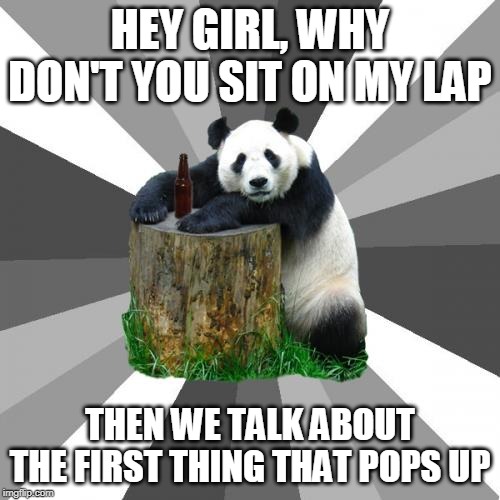 Pickup Line Panda |  HEY GIRL, WHY DON'T YOU SIT ON MY LAP; THEN WE TALK ABOUT THE FIRST THING THAT POPS UP | image tagged in memes,pickup line panda | made w/ Imgflip meme maker