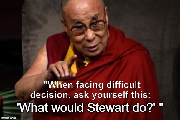 What would Stewart do | "When facing difficult decision, ask yourself this:; 'What would Stewart do?' " | image tagged in dalai lama | made w/ Imgflip meme maker