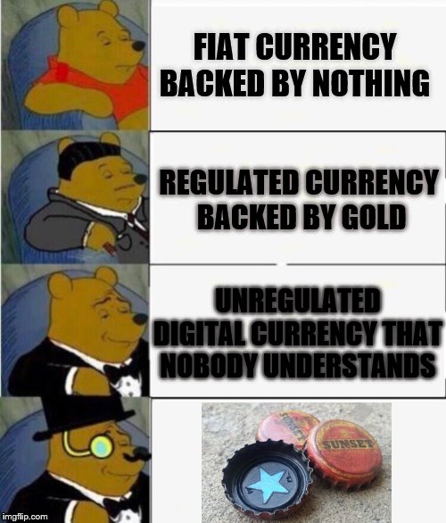 Tuxedo Winnie the Pooh 4 panel | FIAT CURRENCY BACKED BY NOTHING; REGULATED CURRENCY
 BACKED BY GOLD; UNREGULATED DIGITAL CURRENCY THAT NOBODY UNDERSTANDS | image tagged in tuxedo winnie the pooh 4 panel | made w/ Imgflip meme maker