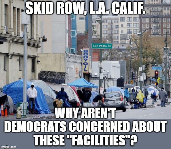 You would almost think they care more about illegal aliens than their own citizens. | SKID ROW, L.A. CALIF. WHY AREN'T DEMOCRATS CONCERNED ABOUT THESE "FACILITIES"? | image tagged in skid row | made w/ Imgflip meme maker
