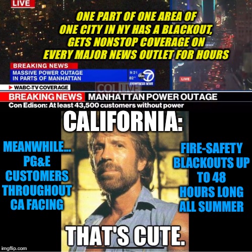 Manhattan Power Outage Everybody Loses Their Minds, Rolling Blackouts Throughout CA - No One Bats An Eye | ONE PART OF ONE AREA OF ONE CITY IN NY HAS A BLACKOUT, GETS NONSTOP COVERAGE ON EVERY MAJOR NEWS OUTLET FOR HOURS; MEANWHILE... PG&E CUSTOMERS THROUGHOUT CA FACING; CALIFORNIA:; FIRE-SAFETY BLACKOUTS UP TO 48 HOURS LONG ALL SUMMER | image tagged in nyc,manhattan,blackout,poweroutage,ca,pge | made w/ Imgflip meme maker
