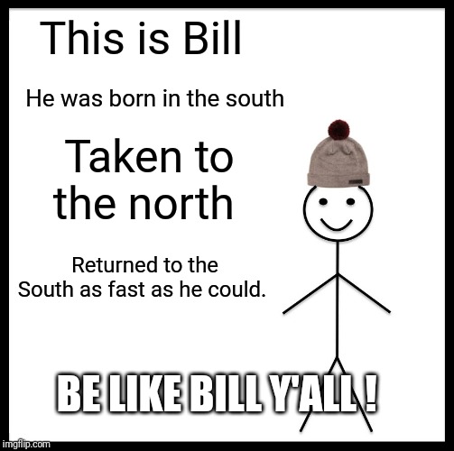 So there IS something to this transplanted Southern thang ..I speak like y'all! | This is Bill; He was born in the south; Taken to the north; Returned to the South as fast as he could. BE LIKE BILL Y'ALL ! | image tagged in memes,be like bill | made w/ Imgflip meme maker