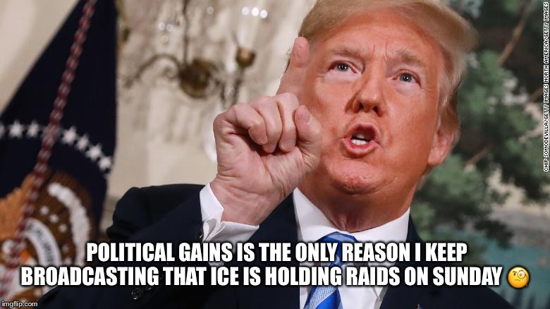 Extremely stable genius! | POLITICAL GAINS IS THE ONLY REASON I KEEP BROADCASTING THAT ICE IS HOLDING RAIDS ON SUNDAY 🧐 | image tagged in political gains,donald trump,raids,maga,ice,immigration | made w/ Imgflip meme maker