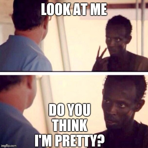 Captain Phillips - I'm The Captain Now Meme | LOOK AT ME; DO YOU THINK I'M PRETTY? | image tagged in memes,captain phillips - i'm the captain now | made w/ Imgflip meme maker
