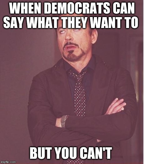 Face You Make Robert Downey Jr | WHEN DEMOCRATS CAN SAY WHAT THEY WANT TO; BUT YOU CAN'T | image tagged in memes,face you make robert downey jr | made w/ Imgflip meme maker