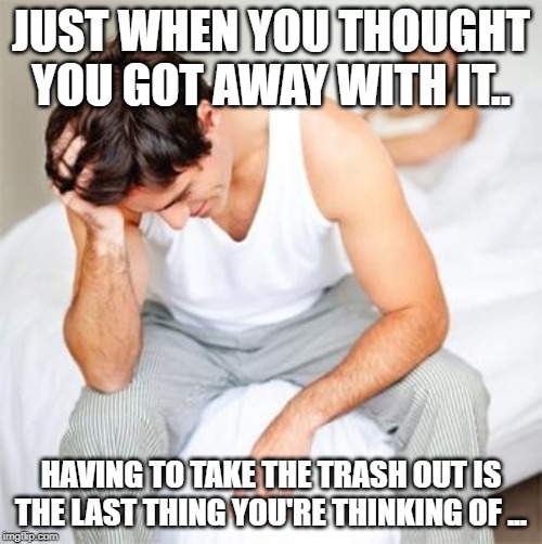 Sexless Marriage Guy | JUST WHEN YOU THOUGHT YOU GOT AWAY WITH IT.. HAVING TO TAKE THE TRASH OUT IS THE LAST THING YOU'RE THINKING OF ... | image tagged in sexless marriage guy | made w/ Imgflip meme maker