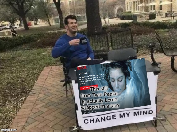 Change My Mind Meme | This still from Twin Peaks is actually Lorde wrapped in a tarp | image tagged in memes,change my mind | made w/ Imgflip meme maker