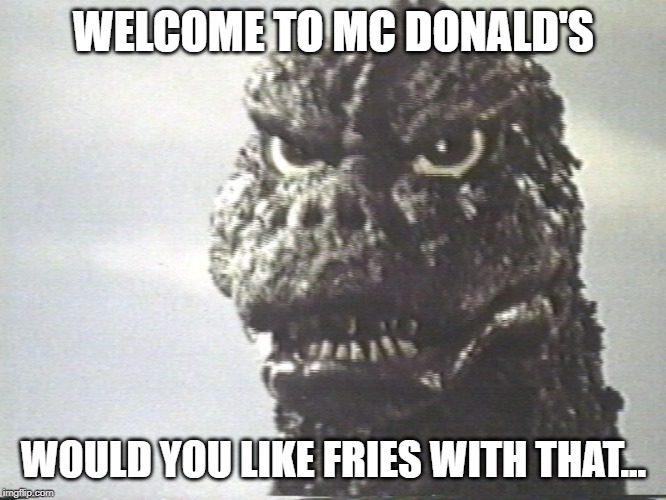 Godzilla This Is Why I Destroy Cities | WELCOME TO MC DONALD'S; WOULD YOU LIKE FRIES WITH THAT... | image tagged in godzilla this is why i destroy cities | made w/ Imgflip meme maker
