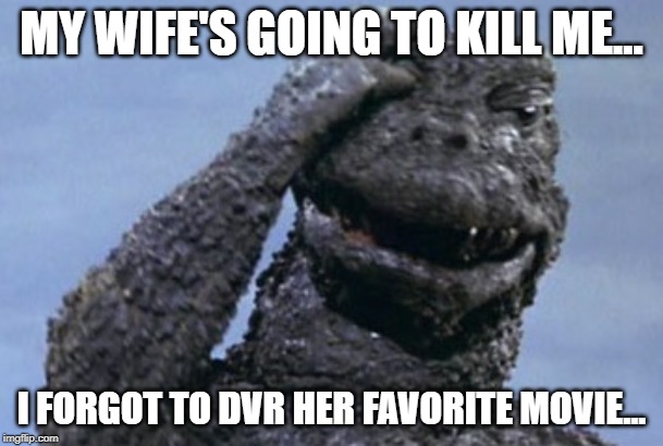 Godzilla Facepalm | MY WIFE'S GOING TO KILL ME... I FORGOT TO DVR HER FAVORITE MOVIE... | image tagged in godzilla facepalm | made w/ Imgflip meme maker