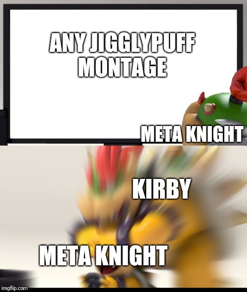 Bowser and Bowser Jr. NSFW | ANY JIGGLYPUFF MONTAGE; META KNIGHT; KIRBY; META KNIGHT | image tagged in bowser and bowser jr nsfw | made w/ Imgflip meme maker
