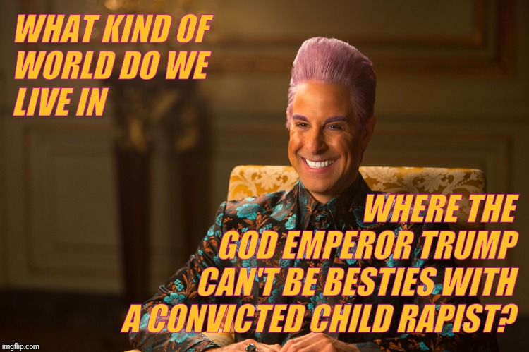 The Decline of Western Civil Penetration | WHAT KIND OF WORLD DO WE LIVE IN; WHERE THE   GOD EMPEROR TRUMP CAN'T BE BESTIES WITH A CONVICTED CHILD RAPIST? | image tagged in memes,caesar flickerman,hunger games,donald trump,jeffrey epstein,besties | made w/ Imgflip meme maker