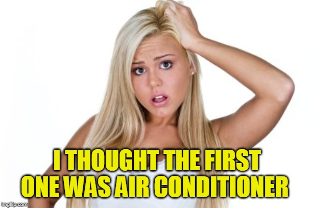 Dumb Blonde | I THOUGHT THE FIRST ONE WAS AIR CONDITIONER | image tagged in dumb blonde | made w/ Imgflip meme maker