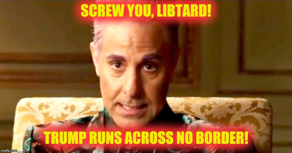 Hunger Games - Caesar Flickerman/Stanley Tucci "The fact is" | SCREW YOU, LIBTARD! TRUMP RUNS ACROSS NO BORDER! | image tagged in hunger games - caesar flickerman/stanley tucci the fact is | made w/ Imgflip meme maker