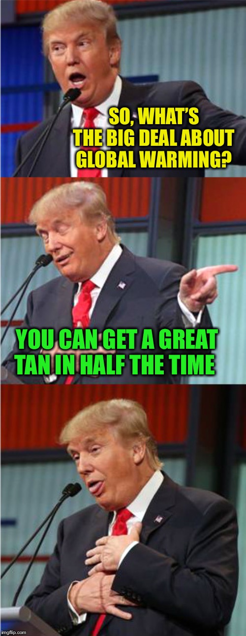 Bad Pun Trump | SO, WHAT’S THE BIG DEAL ABOUT GLOBAL WARMING? YOU CAN GET A GREAT TAN IN HALF THE TIME | image tagged in bad pun trump | made w/ Imgflip meme maker