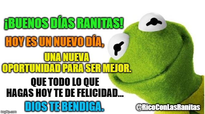 Kermit side | ¡BUENOS DÍAS RANITAS! HOY ES UN NUEVO DÍA, UNA NUEVA OPORTUNIDAD PARA SER MEJOR. QUE TODO LO QUE HAGAS HOY TE DE FELICIDAD…; DIOS TE BENDIGA. @RicoConLasRanitas | image tagged in kermit side | made w/ Imgflip meme maker