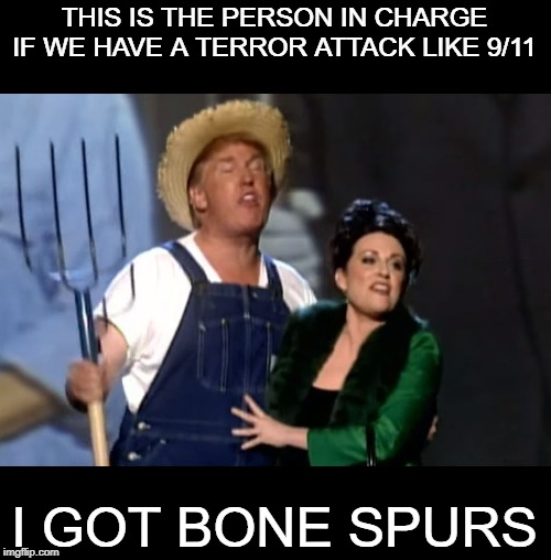 Let that sink in | THIS IS THE PERSON IN CHARGE IF WE HAVE A TERROR ATTACK LIKE 9/11; I GOT BONE SPURS | image tagged in memes,politics,maga,impeach trump,idiots | made w/ Imgflip meme maker