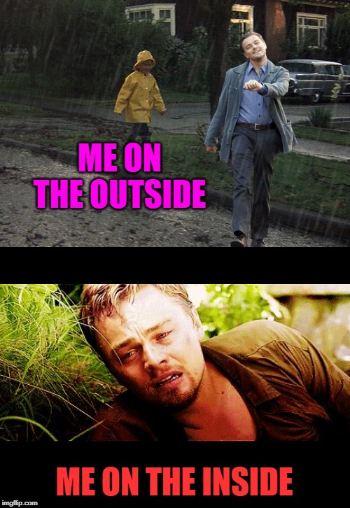 A common sentiment I'm sure. | ME ON THE OUTSIDE; ME ON THE INSIDE | image tagged in the struggle,leo takes a happy walk in derry maine,nixieknox,memes | made w/ Imgflip meme maker
