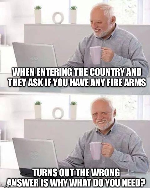 I laughed, they laughed, my cell mate laughed | WHEN ENTERING THE COUNTRY AND THEY ASK IF YOU HAVE ANY FIRE ARMS; TURNS OUT THE WRONG ANSWER IS WHY WHAT DO YOU NEED? | image tagged in memes,hide the pain harold | made w/ Imgflip meme maker