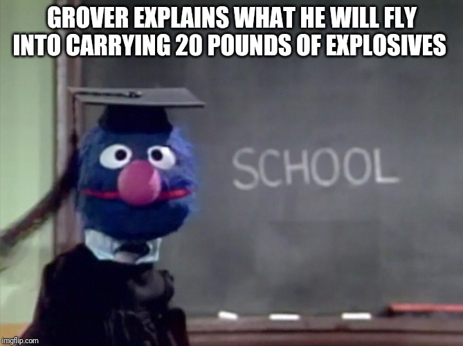 Grover | GROVER EXPLAINS WHAT HE WILL FLY INTO CARRYING 20 POUNDS OF EXPLOSIVES | image tagged in grover | made w/ Imgflip meme maker