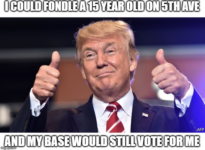 Shoot someone, fondle someone, whats the difference? | I COULD FONDLE A 15 YEAR OLD ON 5TH AVE; AND MY BASE WOULD STILL VOTE FOR ME | image tagged in djt feels great,memes,politics,impeach trump,maga | made w/ Imgflip meme maker