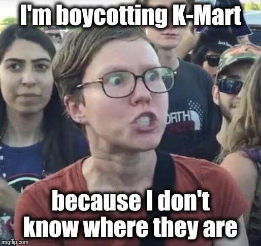Triggered feminist | I'm boycotting K-Mart because I don't know where they are | image tagged in triggered feminist | made w/ Imgflip meme maker