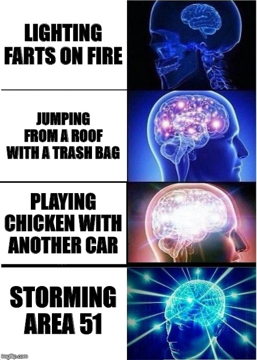 Stupid is as Stupid Does | LIGHTING FARTS ON FIRE; JUMPING FROM A ROOF WITH A TRASH BAG; PLAYING CHICKEN WITH ANOTHER CAR; STORMING AREA 51 | image tagged in memes,expanding brain | made w/ Imgflip meme maker