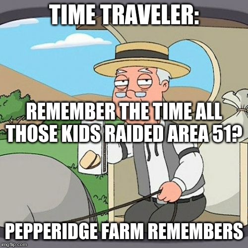 Pepperidge Farm Remembers Meme | TIME TRAVELER:; REMEMBER THE TIME ALL THOSE KIDS RAIDED AREA 51? PEPPERIDGE FARM REMEMBERS | image tagged in memes,pepperidge farm remembers | made w/ Imgflip meme maker