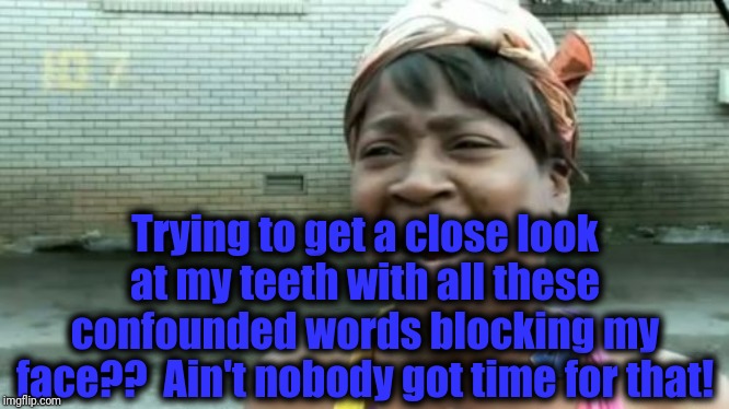 Can you tell I was bored today? | Trying to get a close look at my teeth with all these confounded words blocking my face??  Ain't nobody got time for that! | image tagged in memes,aint nobody got time for that | made w/ Imgflip meme maker